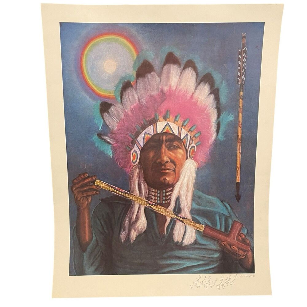 Asenath Art Inscribed Print The Healer Indian Native American Chief 27x21 1989